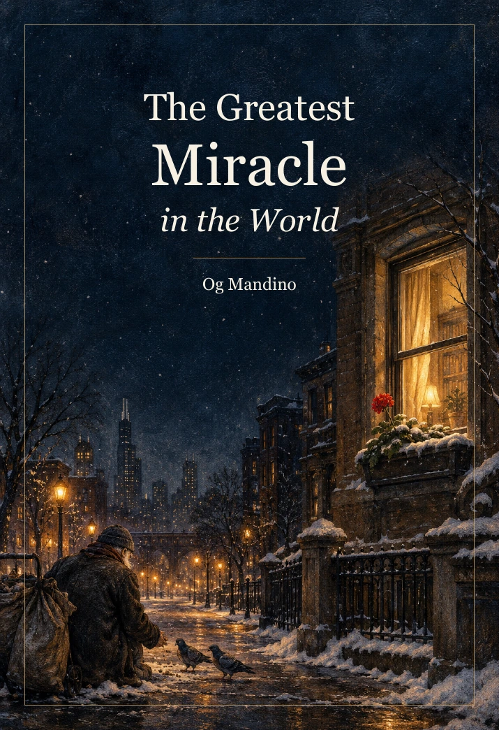 Cover of The Greatest Miracle in the World by Og Mandino, with a snowy Chicago street illustration